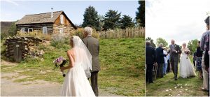 father of the bride walking down the aisle, processional, outdoor ceremony at clear creek history park, golden, colorado wedding photographer, mountain wedding planner, rustic barn country wedding