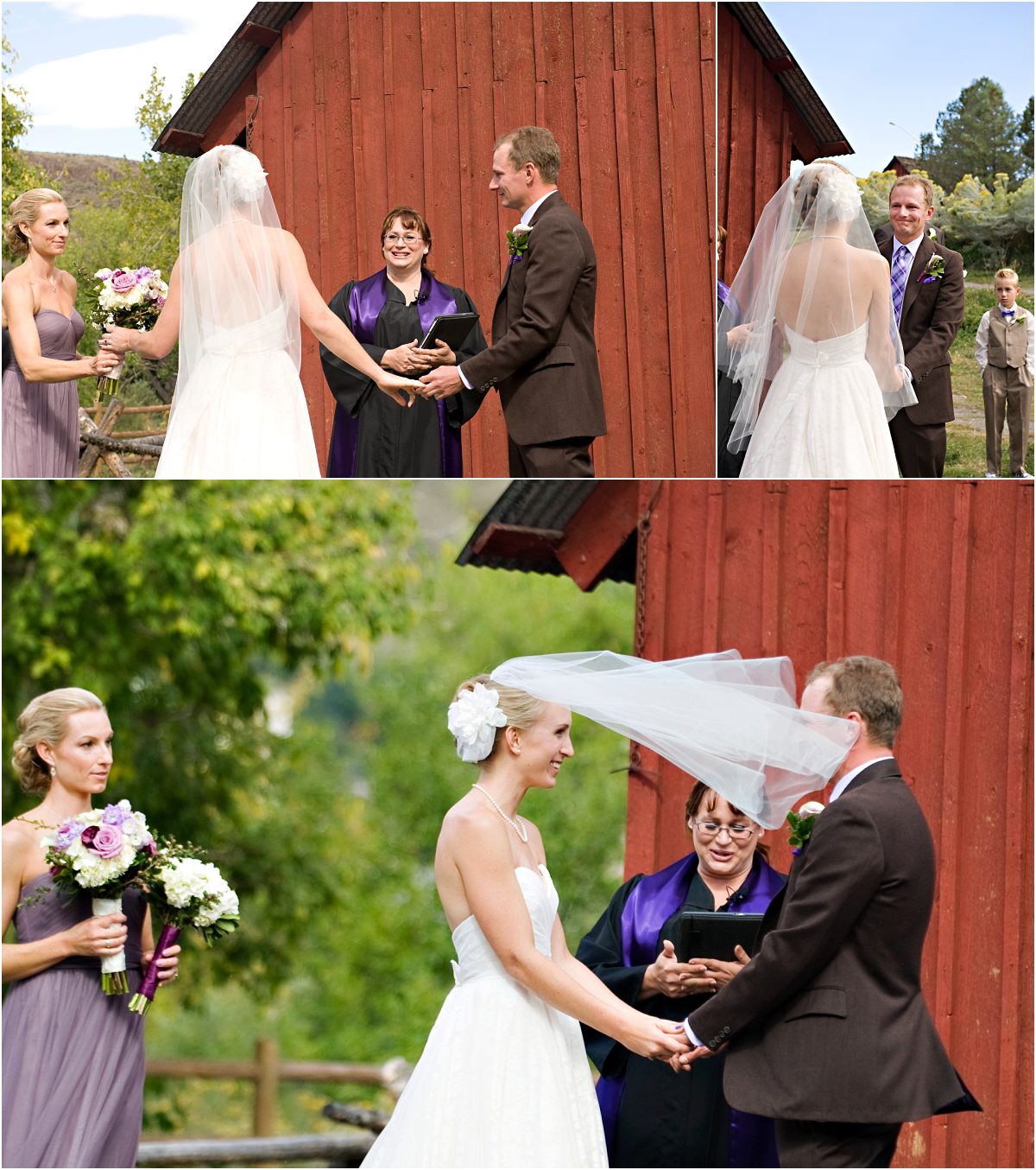 outdoor ceremony in front of rustic red barn at clear creek history park, bride's veil blowing in the wind, bride and groom, reverend kim tavendale wedding officiant, colorado wedding photographer