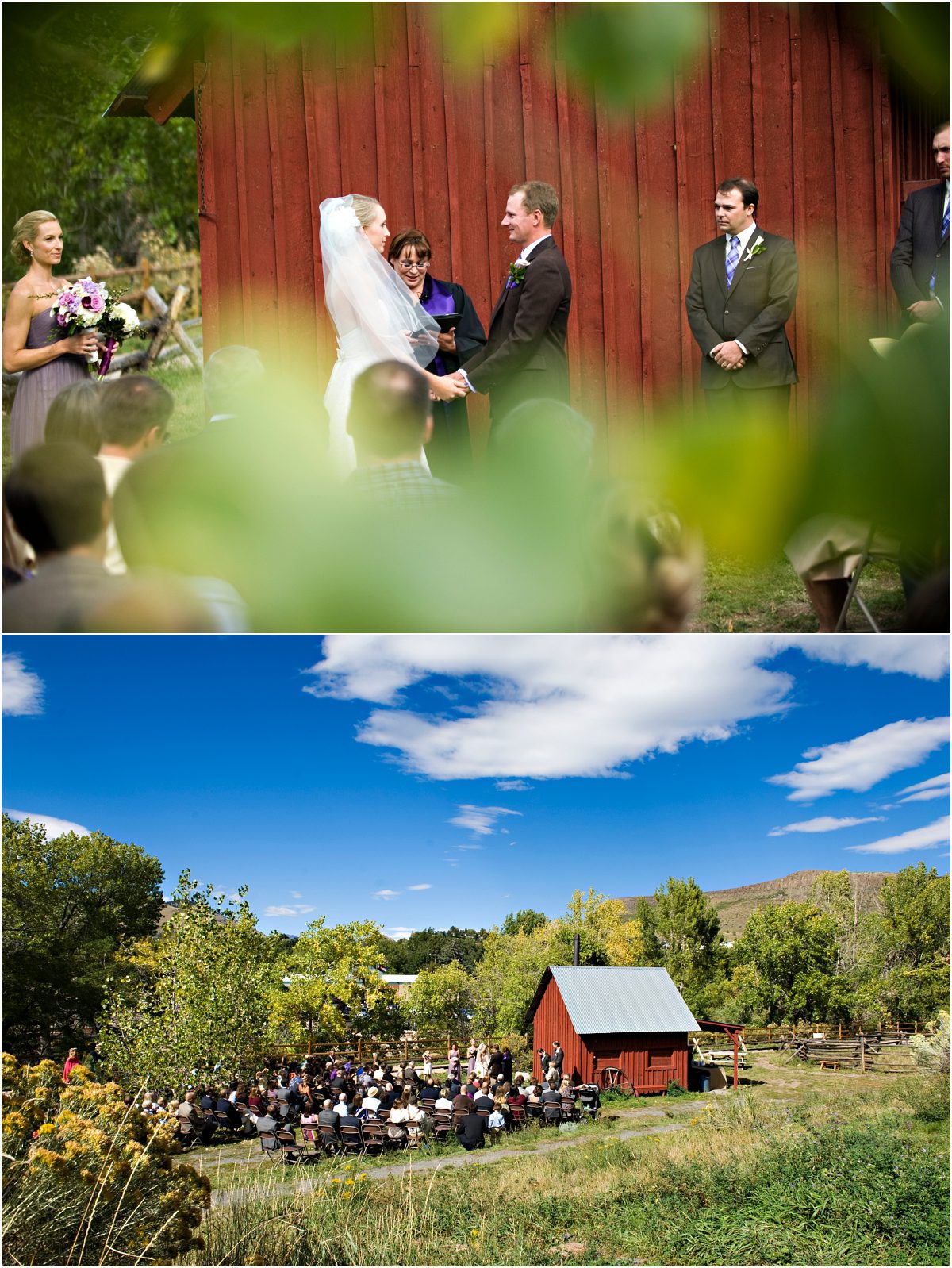 outdoor ceremony in front of rustic red barn at clear creek history park in golden, wide shot of ceremony location, bride and groom, reverend kim tavendale wedding officiant, colorado wedding photographer