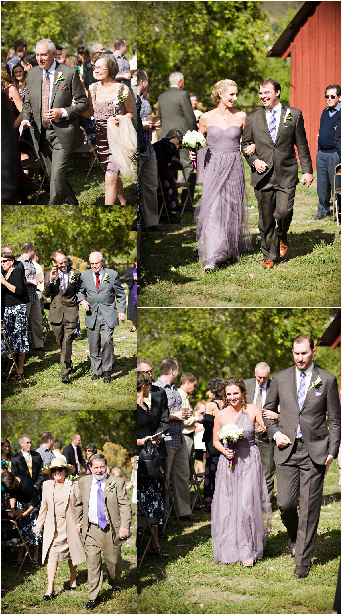 recessional, wedding party,wedding guests, outdoor ceremony in front of rustic red barn at clear creek history park, golden colorado, wedding photographer, colorado wedding planner