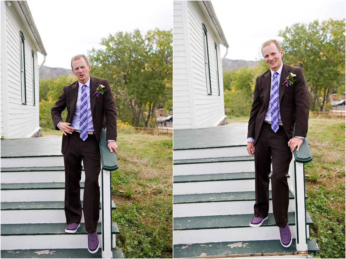 groom portraits on stairs of old schoolhouse,clear creek history park, golden colorado, wedding photographer, colorado wedding planner