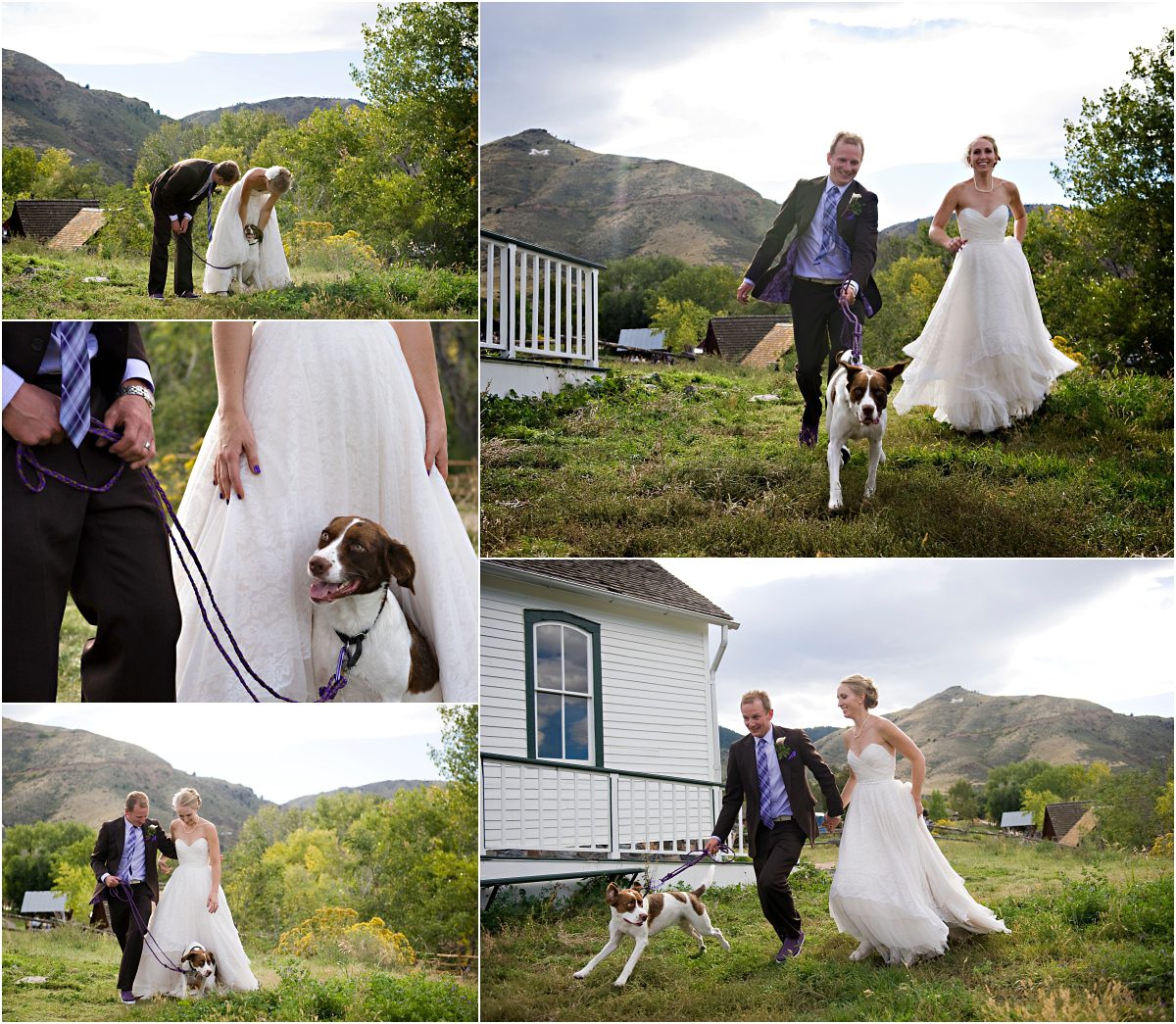 bride and groom portraits with dog, historic schoolhouse, golden, colorado wedding photographer, mountain wedding planner