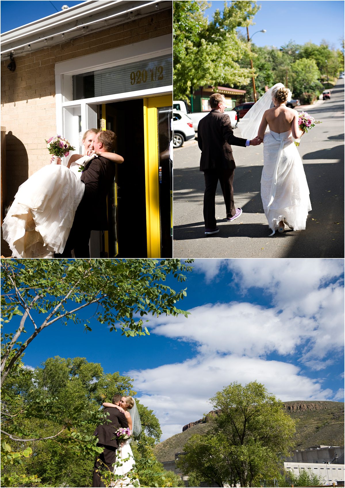 bride and groom at golden city brewery, colorado wedding planner, mountain wedding photographer, fun couples portraits, walking down street in golden