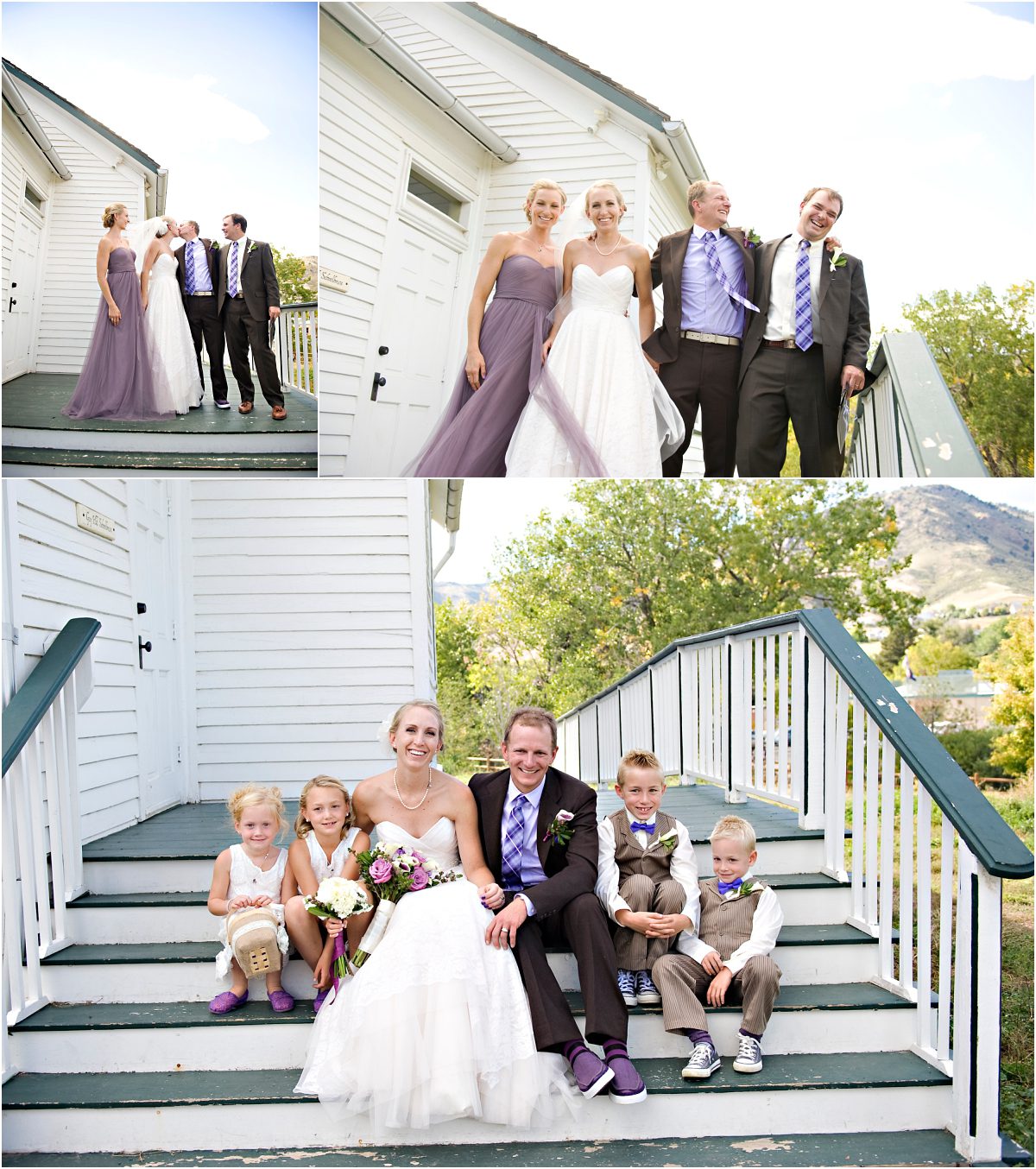 wedding party portraits on steps of historic white schoolhouse at clear creek history park golden colorado, mountain wedding planner, colorado wedding photographer