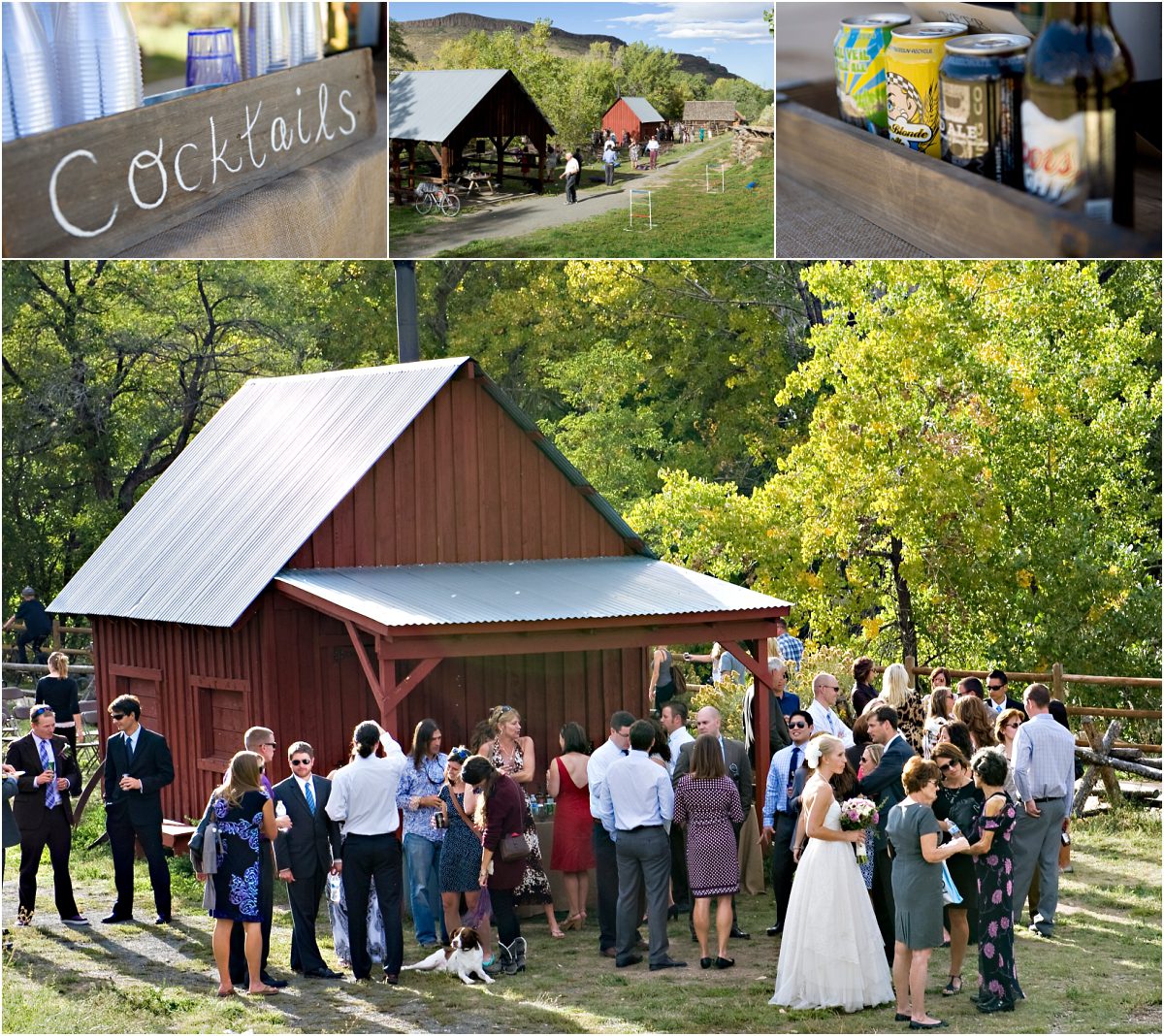 cocktail hour, rustic red barn in clear creek history park, golden colorado, outdoor lawn games, outdoor bar, mountain wedding photographer, colorado wedding planning
