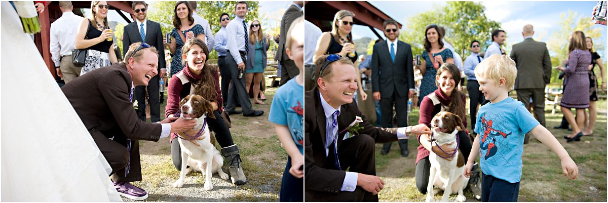 wedding guests with dog at cocktail hour in clear creek history park, golden, colorado wedding photographer, mountain wedding planning