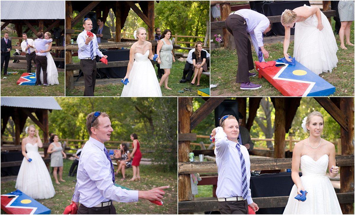 bride and groom playing lawn games during cocktail hour in clear creek history park, golden colorado wedding, mountain wedding photographer, colorado wedding planner