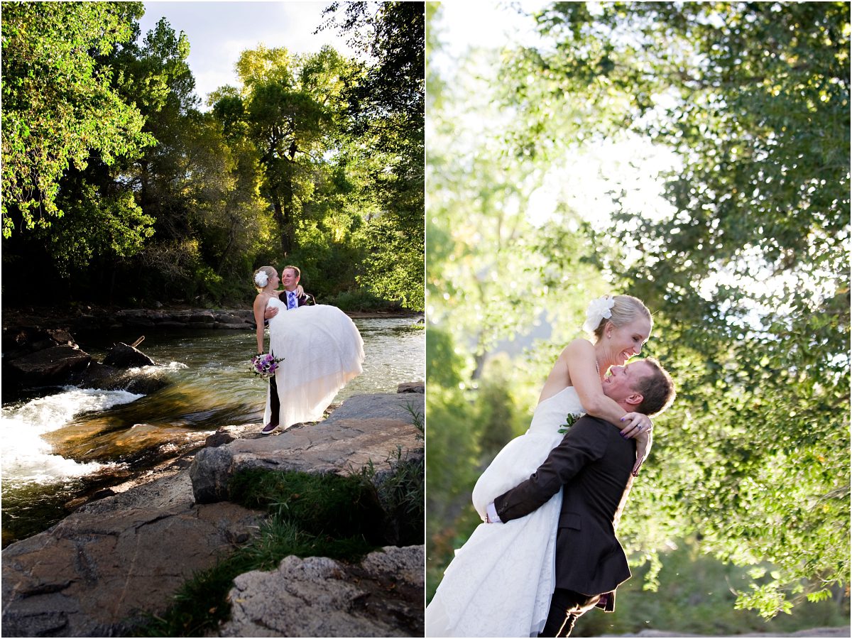 bride and groom portrait along clear creek in golden, river, groom lifting up bride, colorado wedding planner, mountain wedding photographer