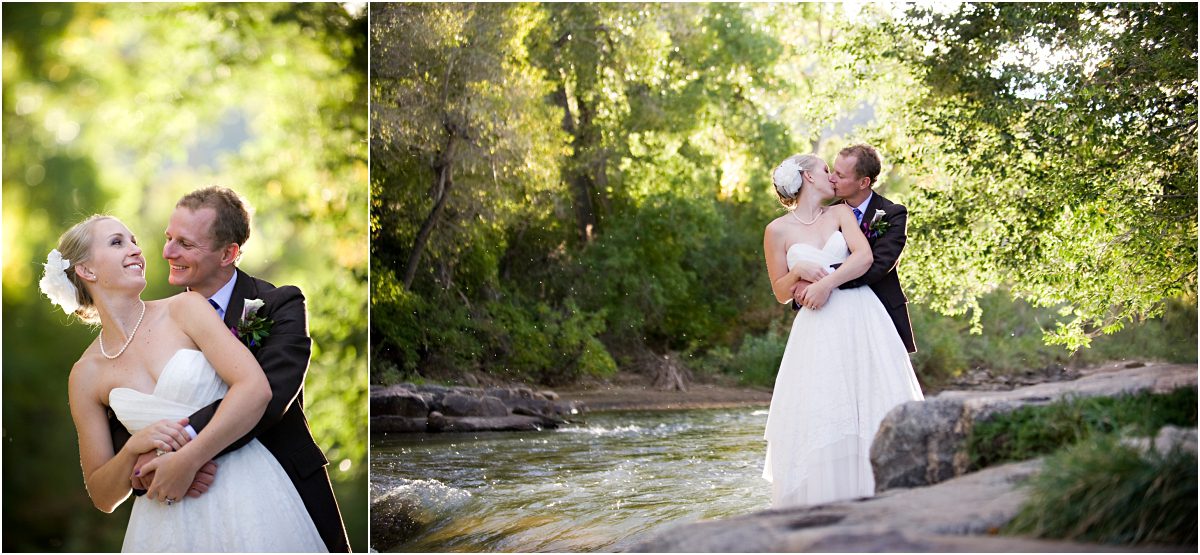 bride and groom portraits along clear creek in golden, river, intimate moments, colorado wedding planner, mountain wedding photographer