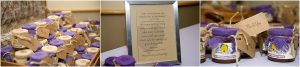 reception details, wedding favors, local honey, purple and white, golden community center, colorado wedding planner and photographer