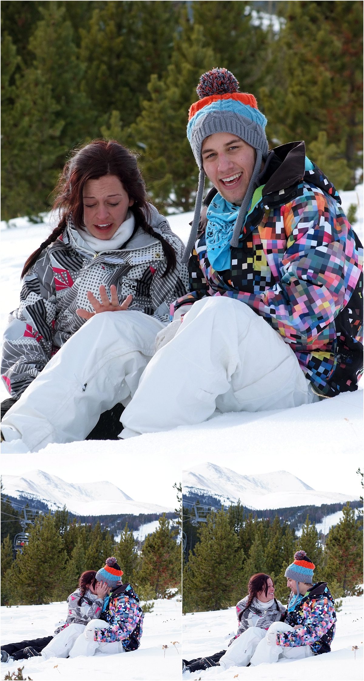 winter snowboarding proposal, beaver run resort, surprise proposal, colorado photographer, proposal photography, mountain wedding photographer, summit county, sitting in the snow