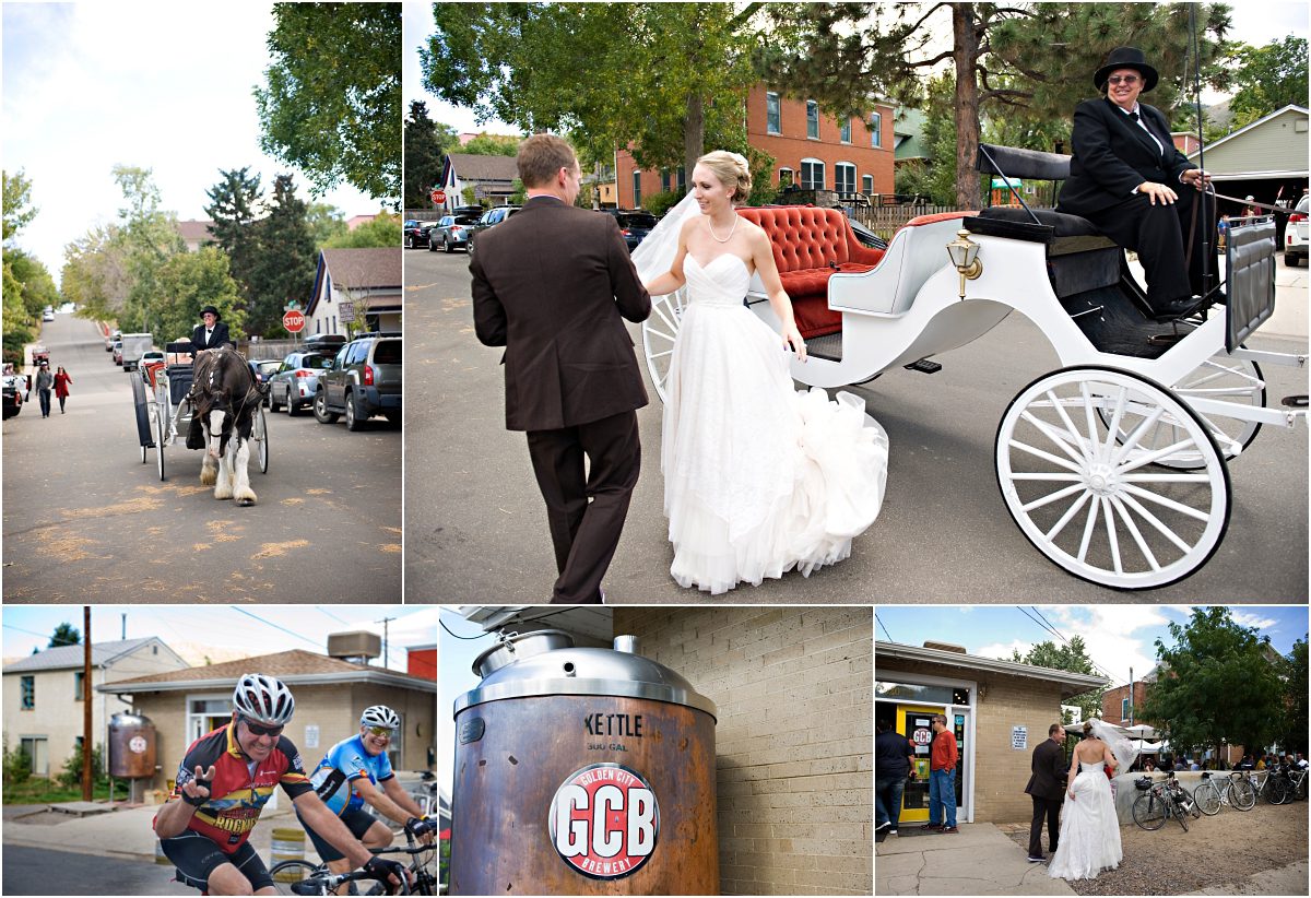 bride and groom leaving ceremony, horse and carriage,golden city brewery, colorado wedding photographer