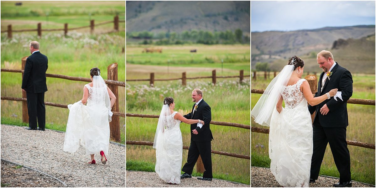 first look, bride and groom,C Lazy U Ranch, Granby, Colorado, Rustic Ranch Wedding, Colorado Wedding Planner, Mountain Wedding Photographer