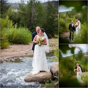 bride and groom portraits on river,C Lazy U Ranch, Granby, Colorado, Rustic Ranch Wedding, Colorado Wedding Planner, Mountain Wedding Photographer