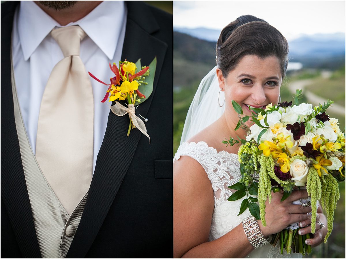 bride and groom details, yellow and red boutonniere, yellow red and white bridal bouquet,C Lazy U Ranch, Granby, Colorado, Rustic Ranch Wedding, Colorado Wedding Planner, Mountain Wedding Photographer