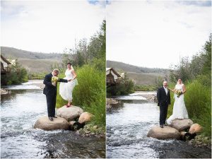 bride and groom portraits on river,C Lazy U Ranch, Granby, Colorado, Rustic Ranch Wedding, Colorado Wedding Planner, Mountain Wedding Photographer