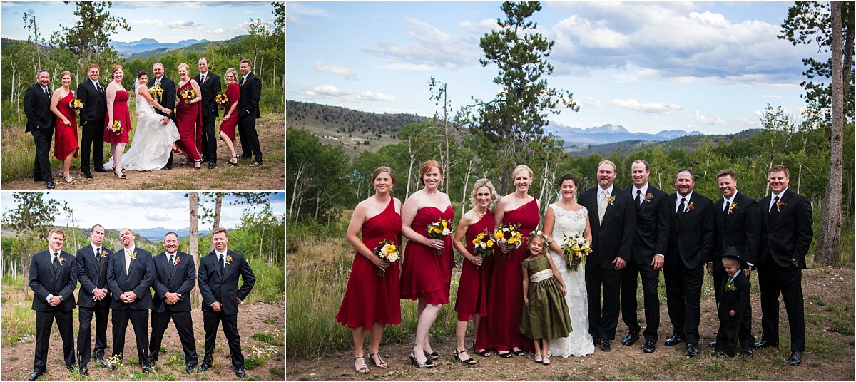 wedding party portraits, bridal party, red bridesmaids gowns, groomsmen photos,C Lazy U Ranch, Granby, Colorado, Rustic Ranch Wedding, Colorado Wedding Planner, Mountain Wedding Photographer