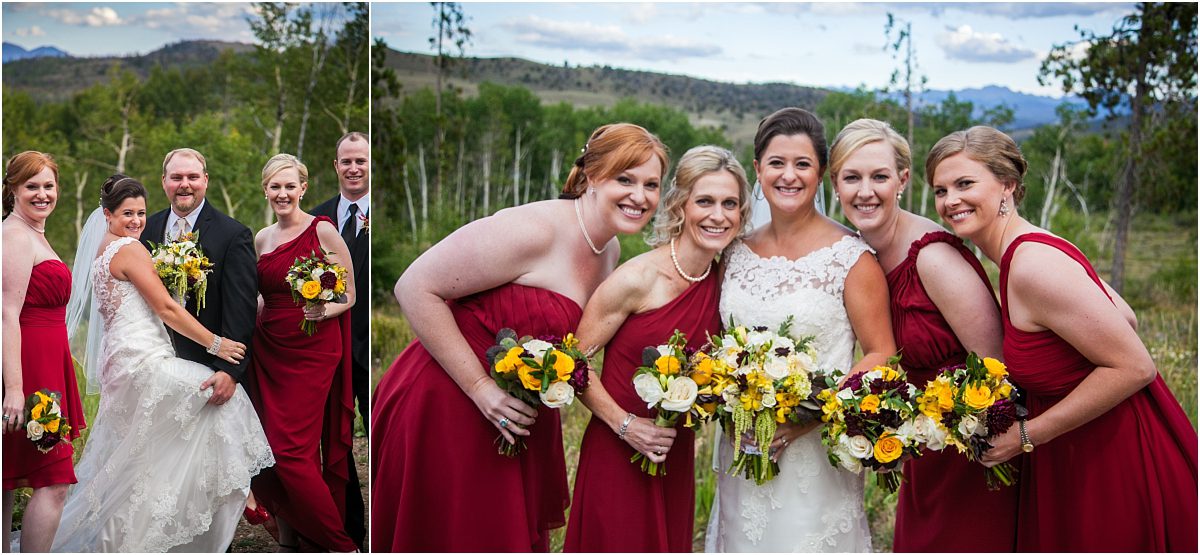 C Lazy U Ranch, Granby, Colorado, Rustic Ranch Wedding, Colorado Wedding Planner, Mountain Wedding Photographer, bride and bridesmaids, red bridesmaids dresses, bridal party portraits, yellow red and white bouquets