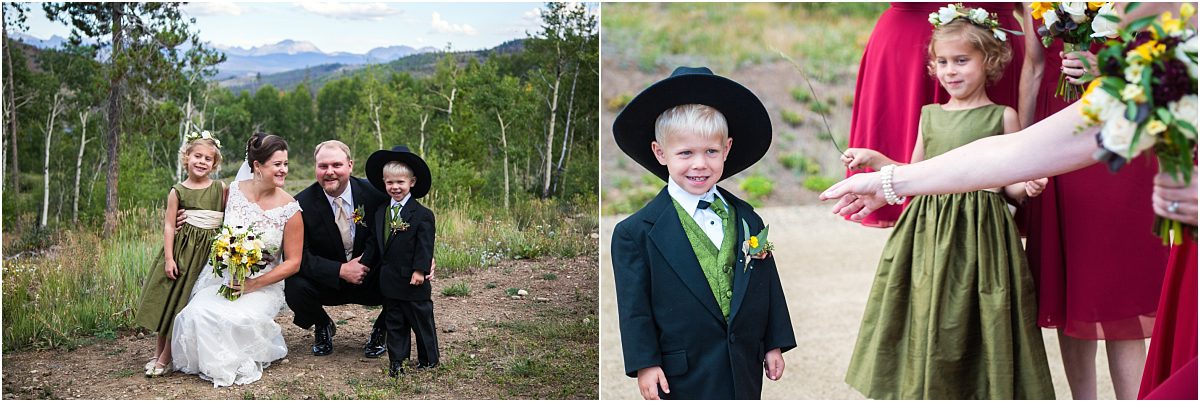 bride and groom with ring bearer, wedding party portraits,C Lazy U Ranch, Granby, Colorado, Rustic Ranch Wedding, Colorado Wedding Planner, Mountain Wedding Photographer