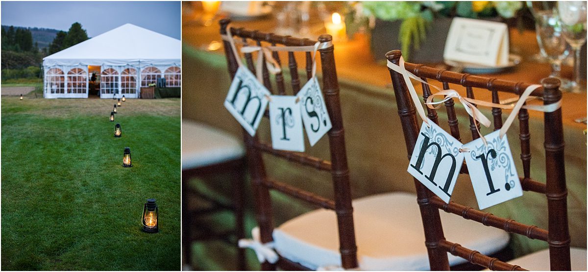 reception details, tented reception, mrs and mr signs on chairs,C Lazy U Ranch, Granby, Colorado, Rustic Ranch Wedding, Colorado Wedding Planner, Mountain Wedding Photographer