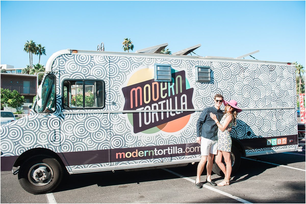 modern tortilla food truck, couples portraits, pink floppy hat, sunny day,hotel valley ho, scottsdale, arizona, styled shoot, engagement session, food trucks, wedding weekend, pool party, phoenix wedding planner, event design