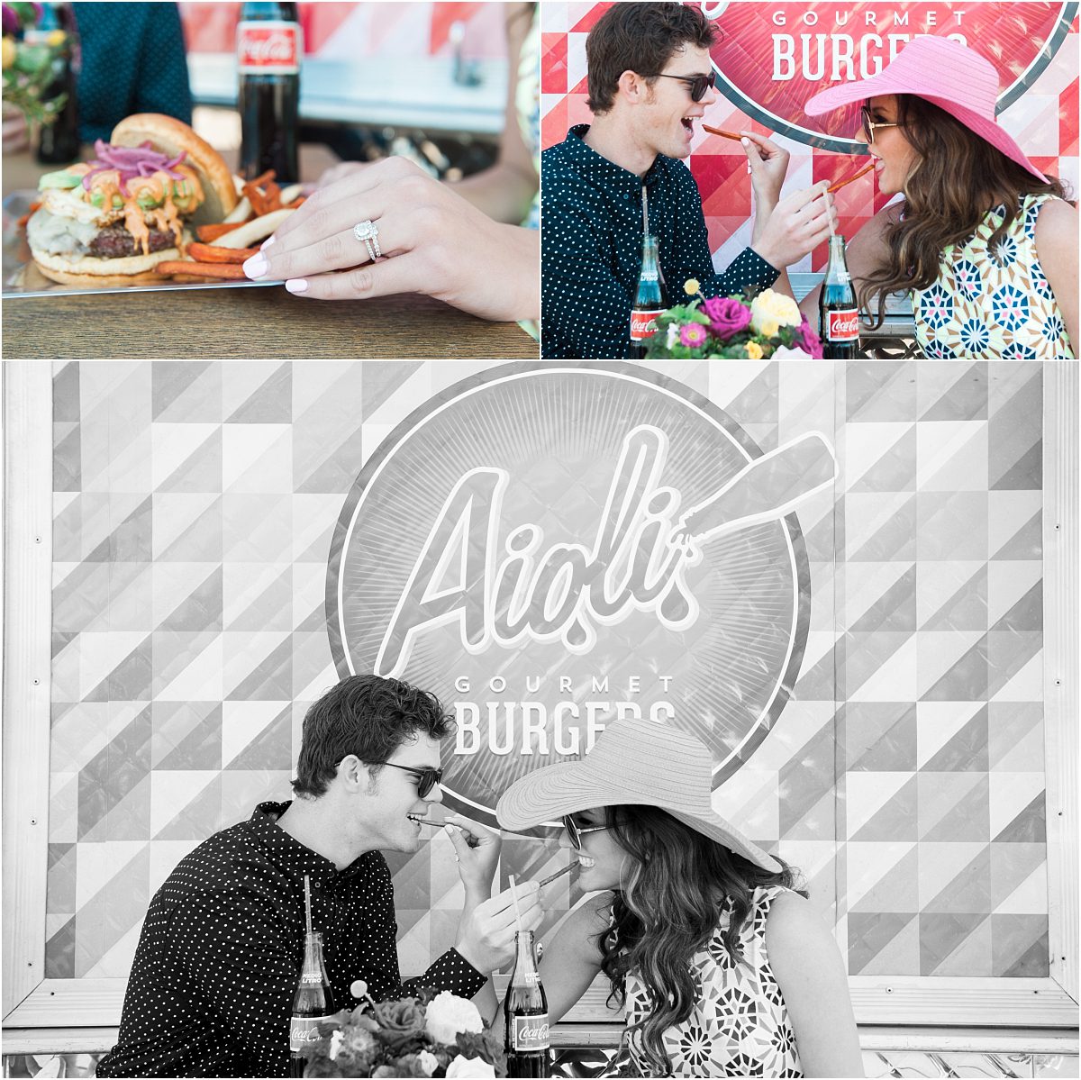 aioli gourmet burgers, food truck catering, couple eating burgers and fries, classic coca cola bottles, detail food photos,hotel valley ho, scottsdale, arizona, styled shoot, engagement session, food trucks, wedding weekend, pool party, phoenix wedding planner, event design