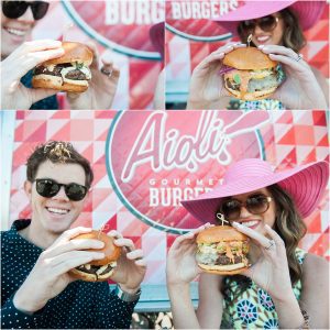 hotel valley ho, scottsdale, arizona, styled shoot, engagement session, food trucks, wedding weekend, pool party, phoenix wedding planner, event design, aioli gourmet burgers, event catering, couple eating burgers, pink floppy hat