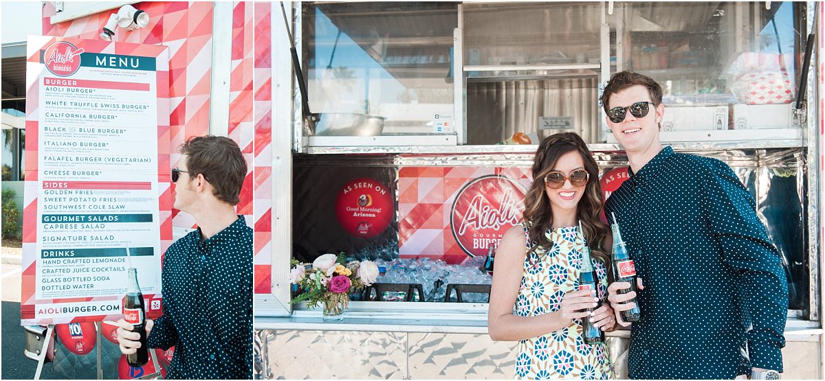 couple in front of aioli gourmet burgers catering food truck, floral decor,hotel valley ho, scottsdale, arizona, styled shoot, engagement session, food trucks, wedding weekend, pool party, phoenix wedding planner, event design