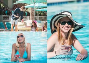 sipping cocktails with guests at pool,hotel valley ho, scottsdale, arizona, styled shoot, engagement session, food trucks, wedding weekend, pool party, phoenix wedding planner, event design