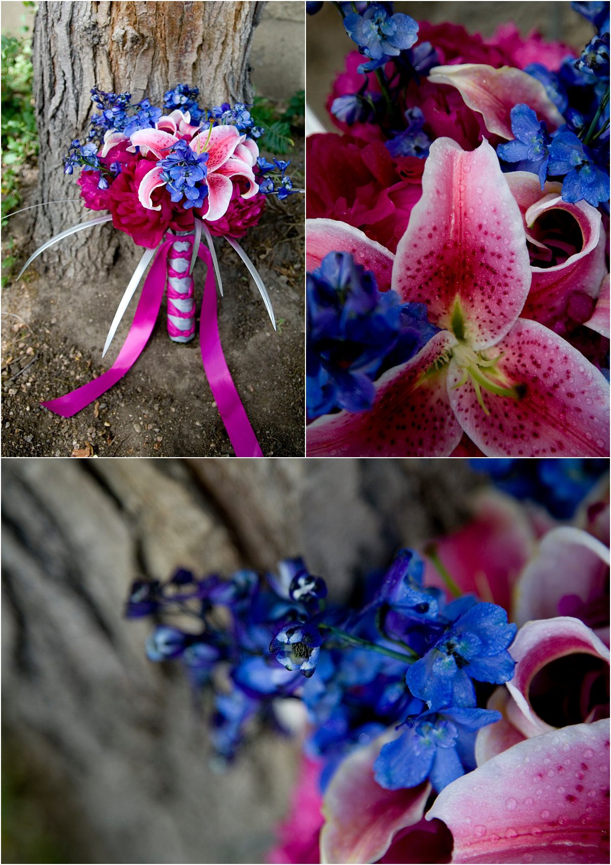 floral details, bridal bouquet, colorado wedding photographer, pink and blue flowers, blue iris, pink hibiscus, fuchsia ribbon