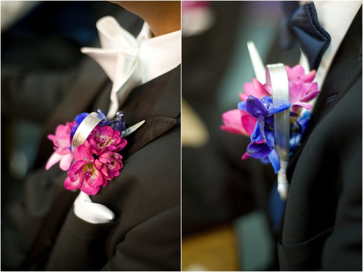 boutonniere, white pink and blue flowers, groom, colorado wedding photographer