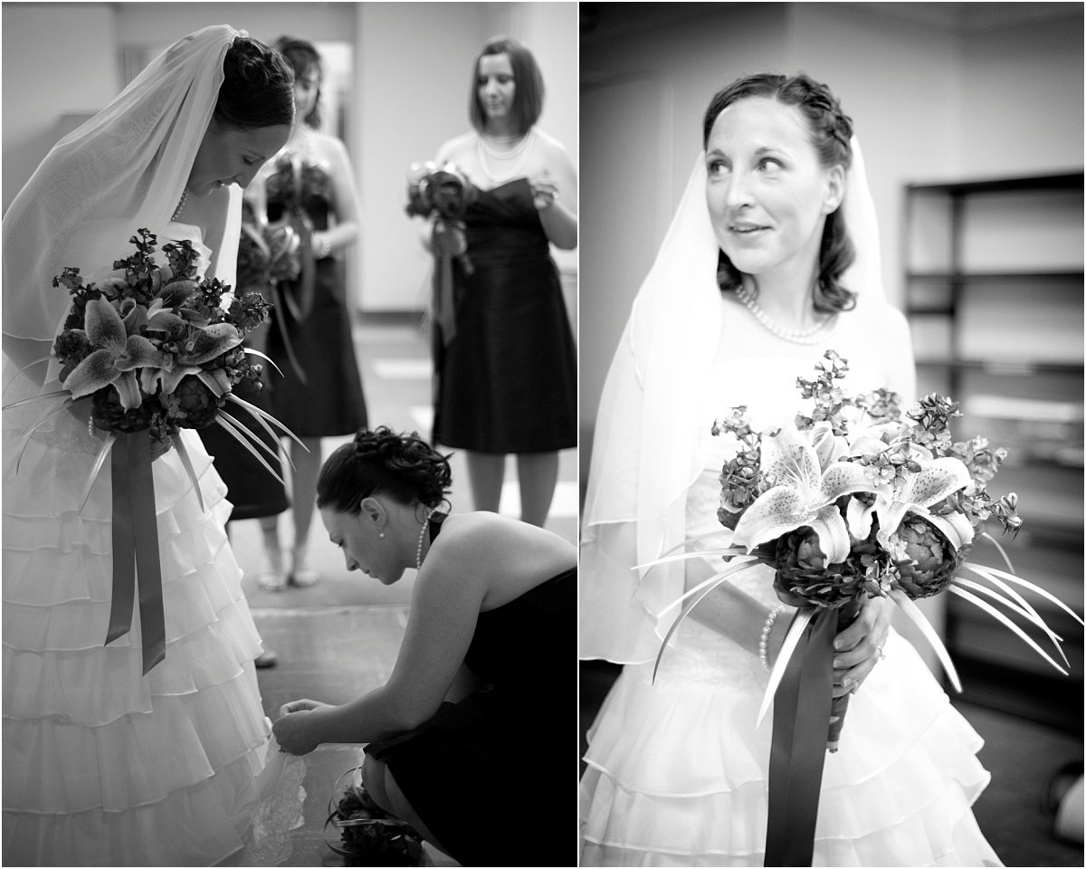 bride getting ready, black and white image, bridesmaids helping, bridal bouquet, colorado wedding photography