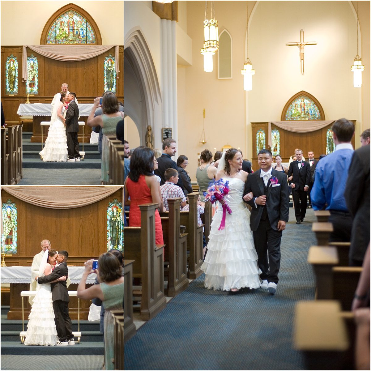 recessional, first kiss, bride and groom walking down the aisle,catholic church, ceremony, colorado wedding photographer