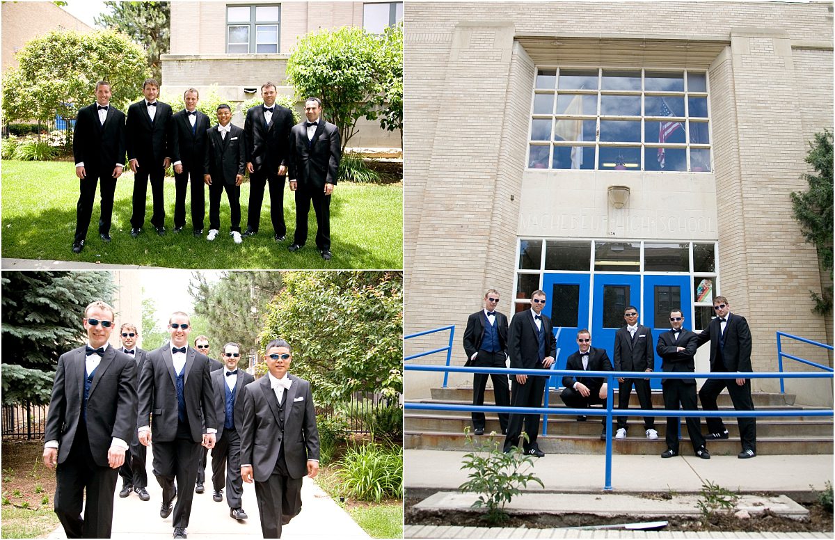groom and groomsmen outside the church, groomsmen walking, wedding party portraits,catholic church, colorado wedding photographer