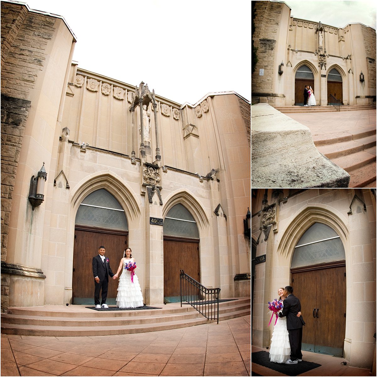 bride and groom portraits outside catholic church, colorado wedding photographer