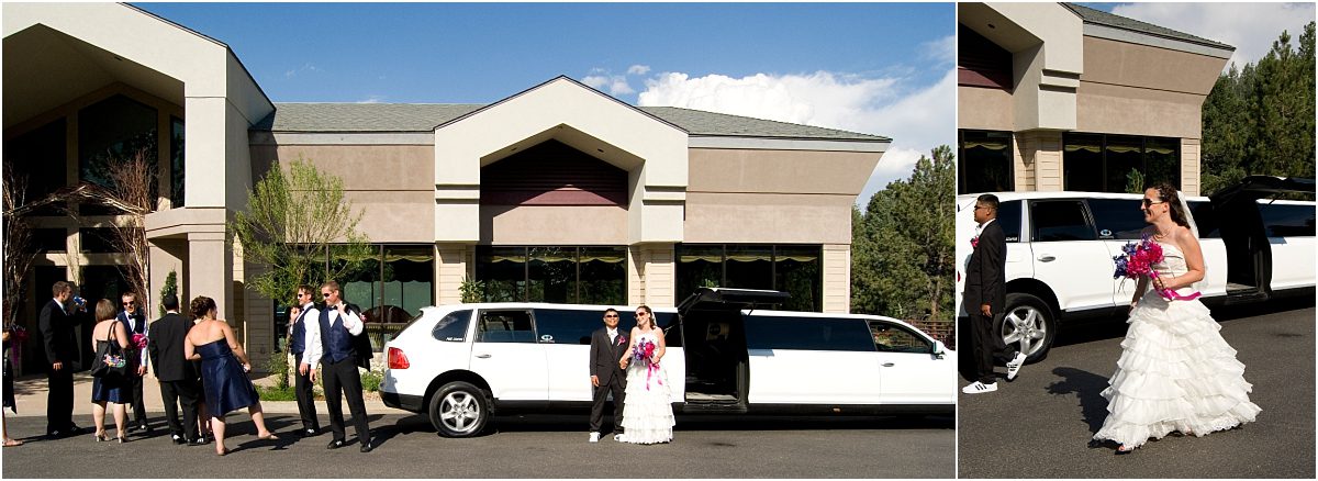 bride and groom arriving at wedding reception in limo, bride and groom portraits, the pines at genesee, colorado wedding photographer, mountain weddings