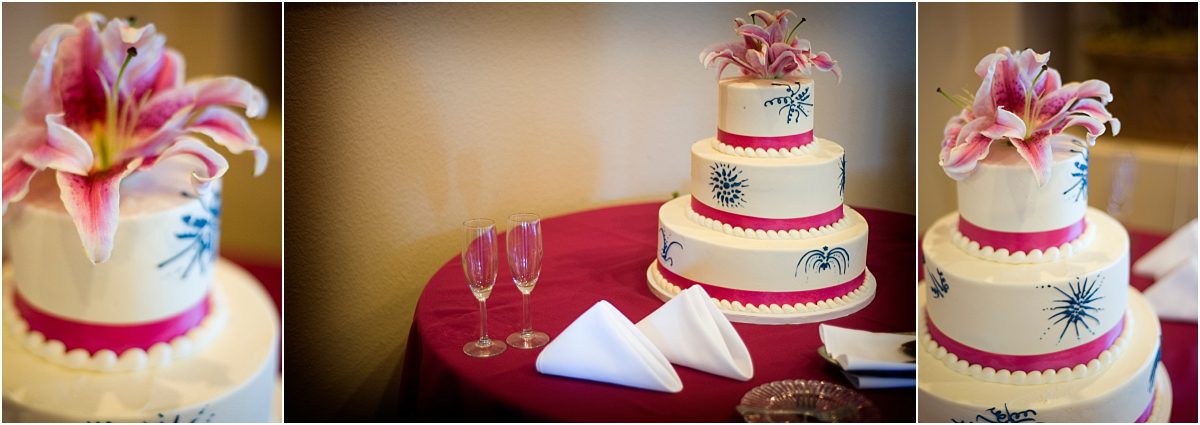 reception details, wedding cake, navy and fuchsia, champagne glasses, fuchsia table linen, cake table, colorado wedding photographer, mountain weddings