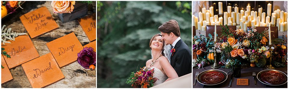 intimate wedding in Vail, couple smiling, autumn colored event