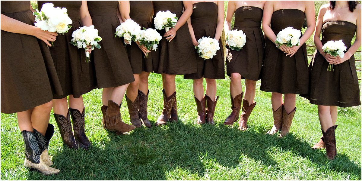 brown bridesmaids dresses with cowgirl boots and white bouquets, shoe shot,C Lazy U Ranch Wedding, Colorado Wedding Photography, Mountain Wedding Photographer, Granby