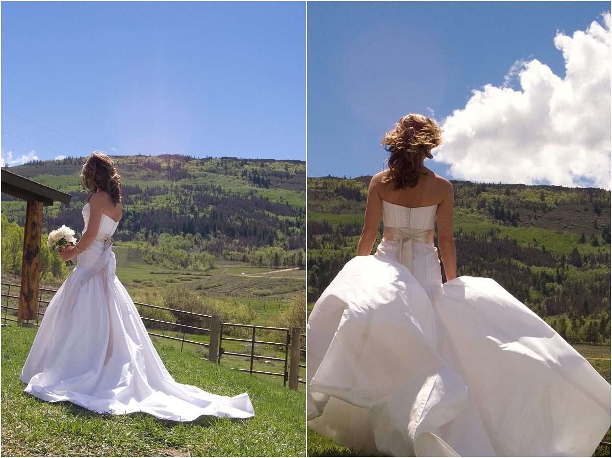 bridal portraits, blue sky, white puffy clouds, dress blowing in the wind,C Lazy U Ranch Wedding, Colorado Wedding Photography, Mountain Wedding Photographer, Granby