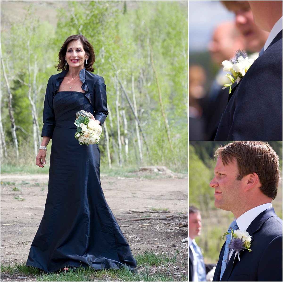 processional, navy gown, navy tuxes, outdoor ceremony at Woodsie, C Lazy U Ranch Wedding, Granby, Colorado Wedding Photographer, Mountain Wedding Photography
