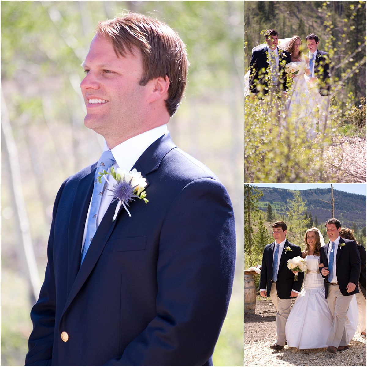 precessional, father of the bride walking bride down the aisle, navy tuxes, groom sees bride for the first time,outdoor ceremony at Woodsie, C Lazy U Ranch Wedding, Granby, Colorado Wedding Photographer, Mountain Wedding Photography