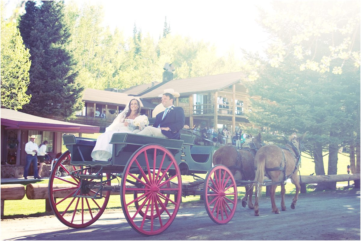 bride and groom riding on horse and carriage to reception, bright and sunny photo,C Lazy U Ranch, Granby, Colorado Wedding Photography, Mountain Wedding Photographer