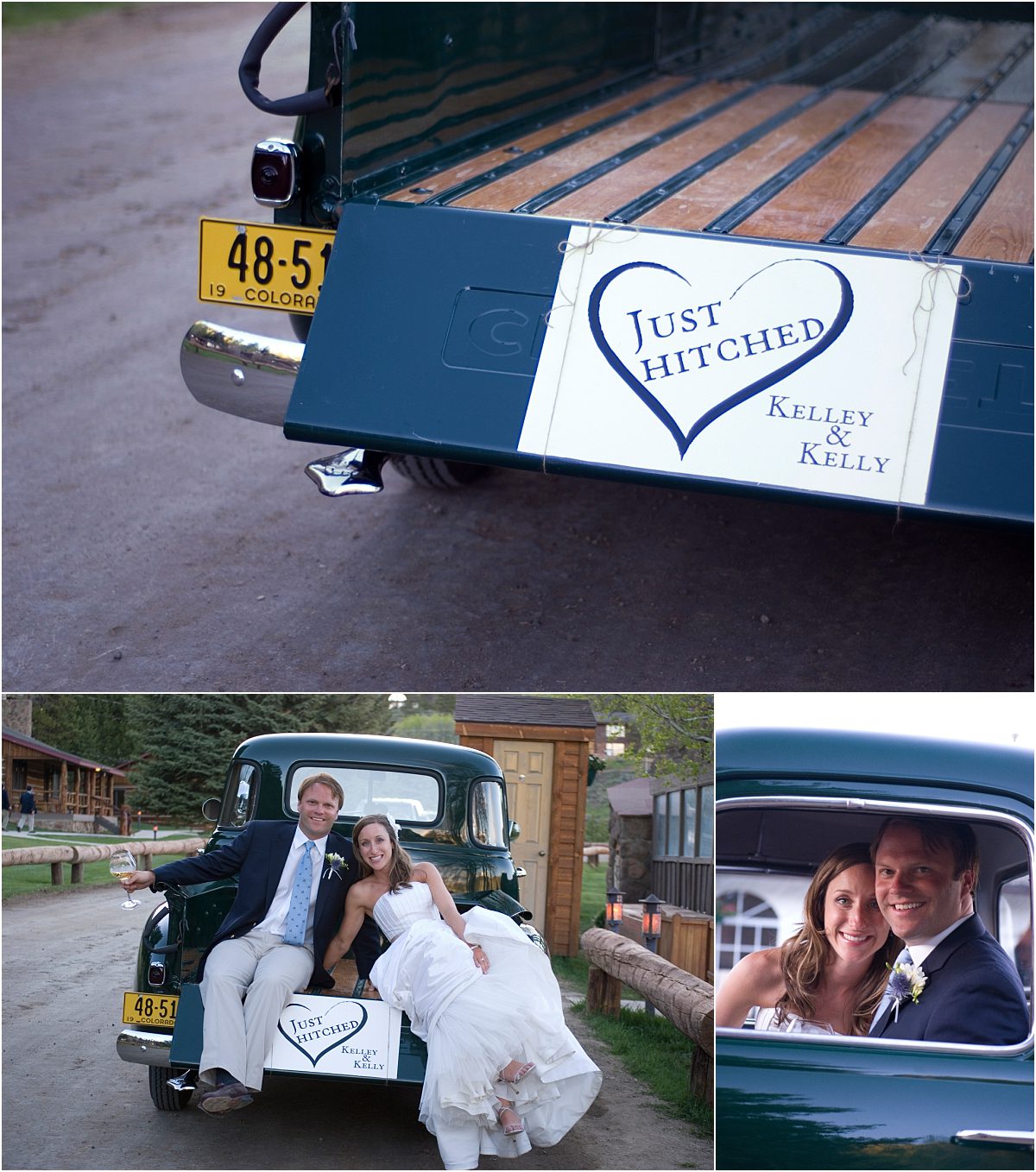 bride and groom getaway car, old ford pickup truck, just married sign,C Lazy U Ranch, Granby, Colorado Wedding Photography, Mountain Wedding Photographer