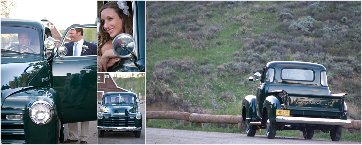 bride and groom in getaway car, vintage pickup truck,C Lazy U Ranch, Granby, Colorado Wedding Photography, Mountain Wedding Photographer