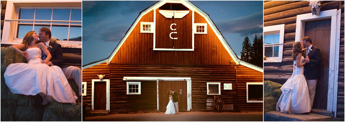 bride and groom night portrait in front of wooden barn,C Lazy U Ranch, Granby, Colorado Wedding Photography, Mountain Wedding Photographer