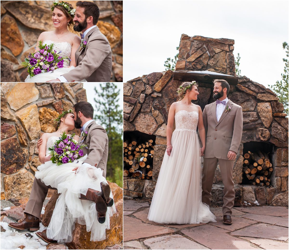 tishreed lodge wedding couples portraits, bride and groom in front of stone wood burning fireplace, rustic mountain wedding photography, colorado destination wedding planning