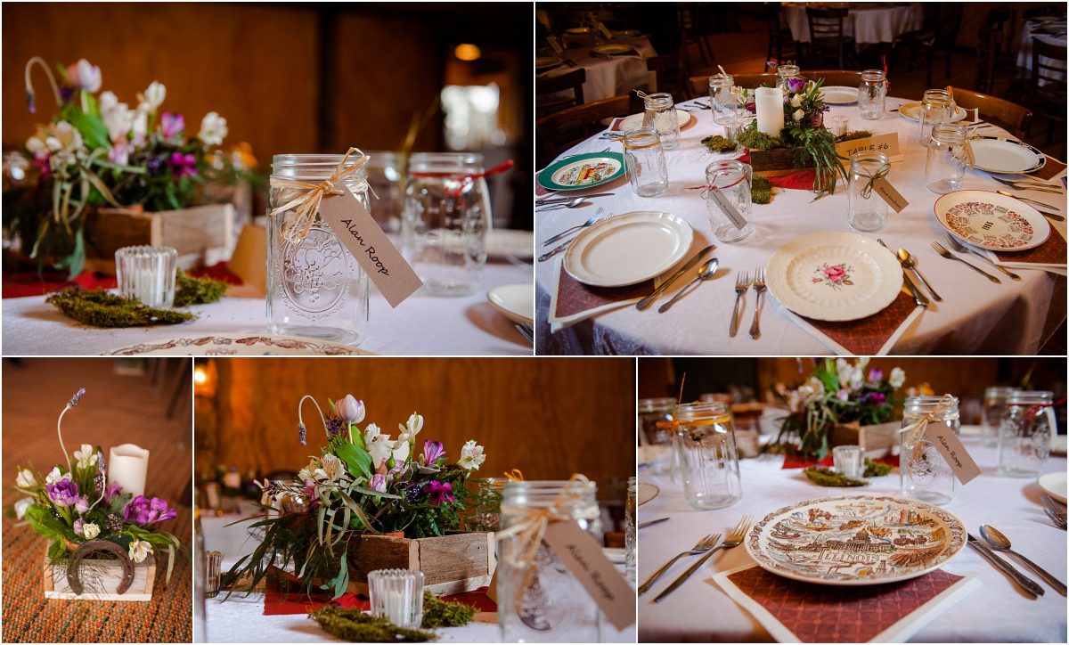 tishreed lodge wedding details, mismatched china plates, mason jar cups, rustic mountain wedding planner
