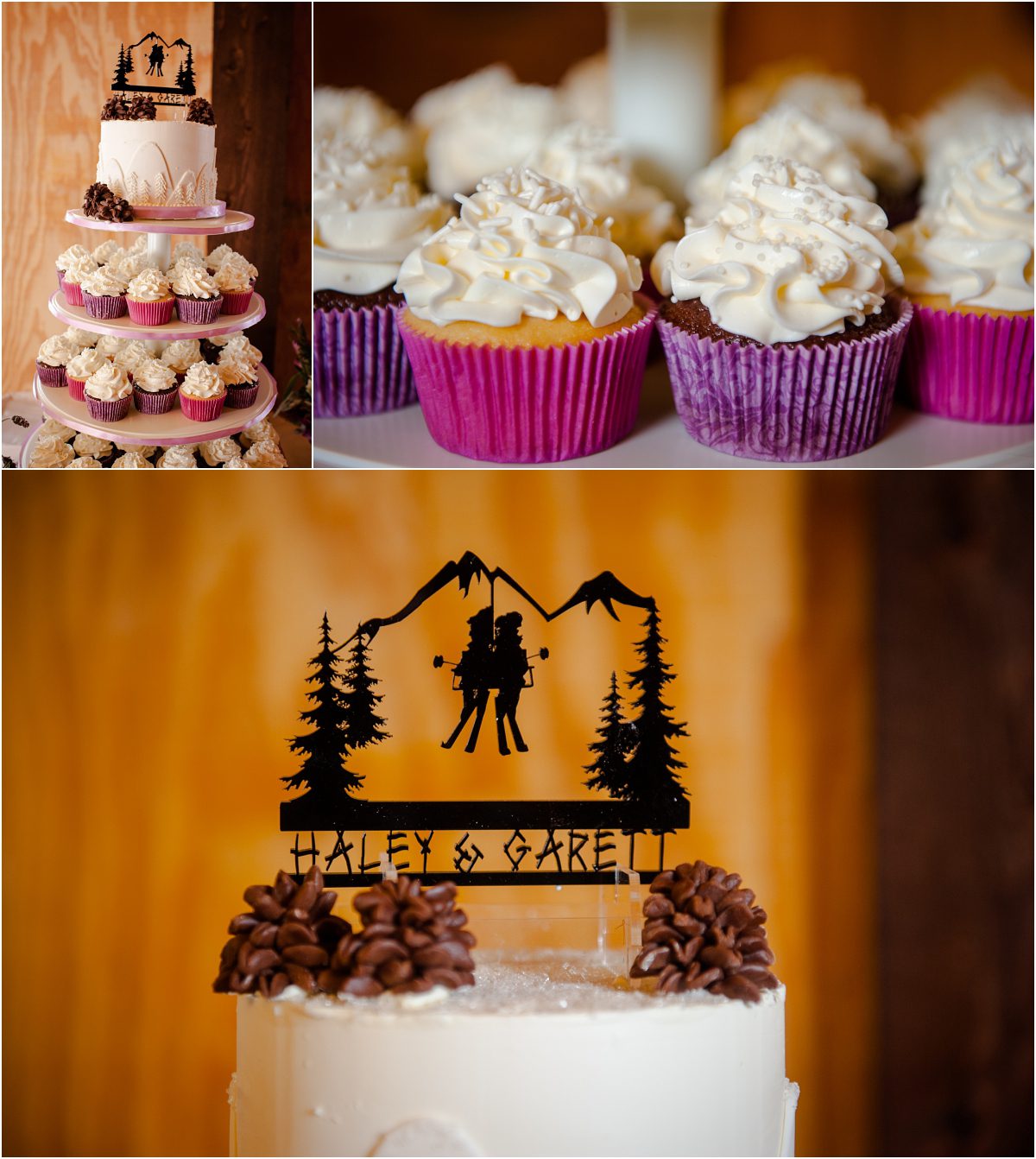 cupcake wedding cake, skiing cake topper, rustic mountain wedding details, l elizabeth events