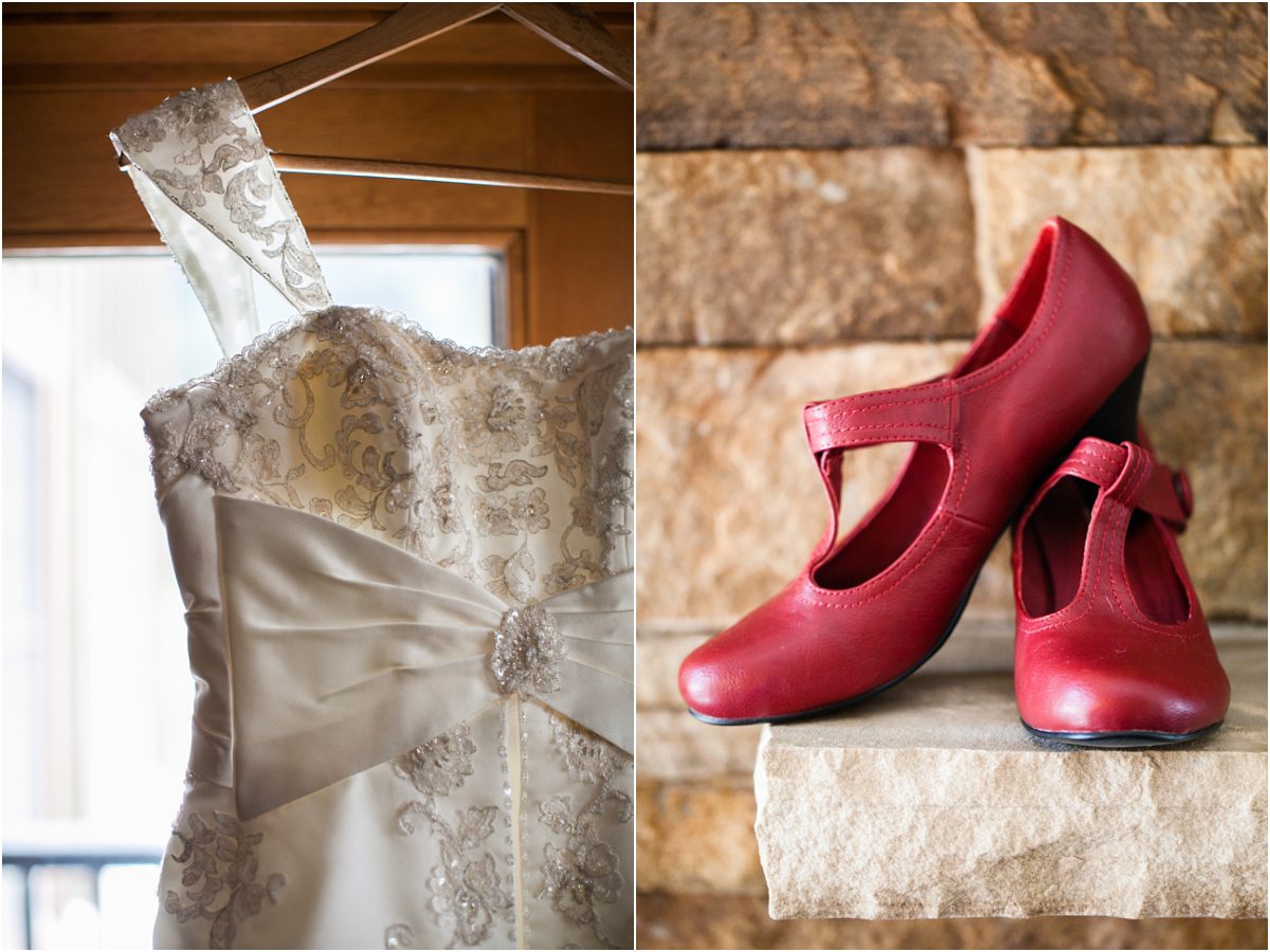 bridal detail photos, wedding dress hanging in window, red bridal shoes, mountain wedding photography